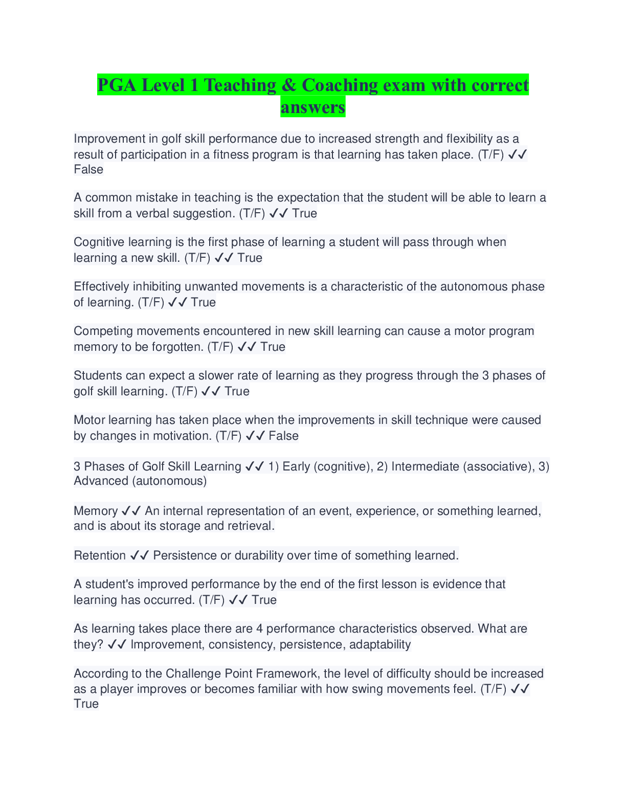 Preview image for PGA Level 1 Teaching & Coaching exam with correct answers